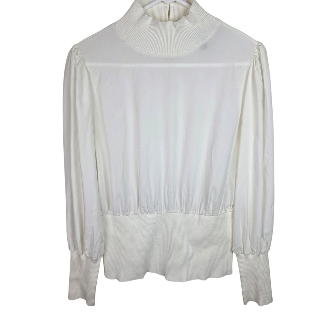 White House Black Market Blouse Womens Medium White Good Ribbed Puff Sleeve